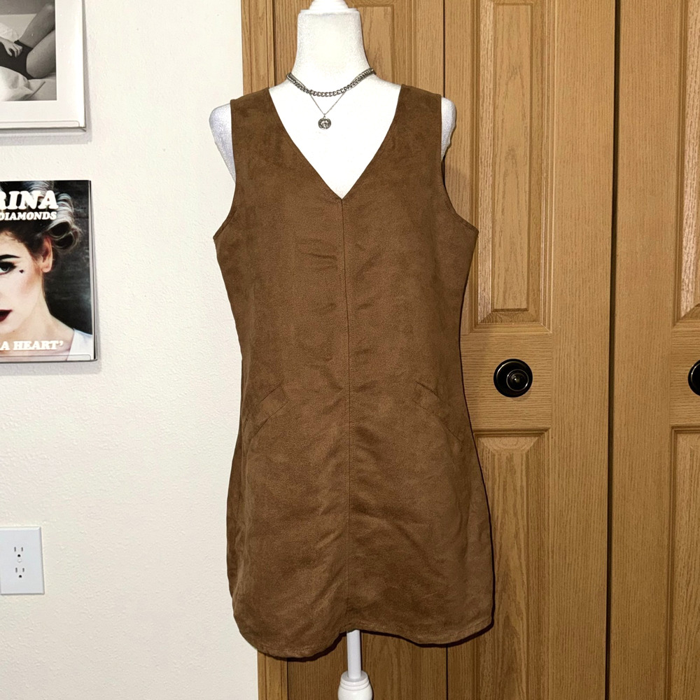 Jack‎ Shift Dress Womens Medium Brown Faux Suede Sleeveless Boho V Neck Pullover